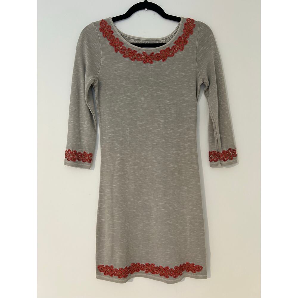 Free People Grey Heather Orange Embroidered Open Back Mini Dress EUC Boho